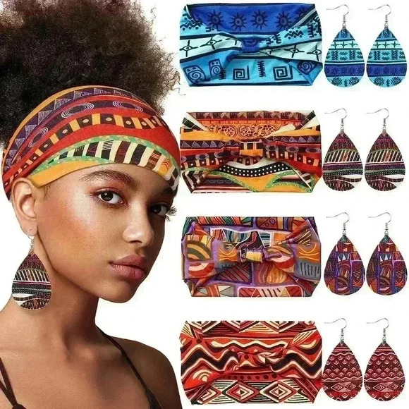 2 Pairs African Faux Leather Earrings and 2 Pcs African Headbands ( 4pcs… - Picture 1 of 7